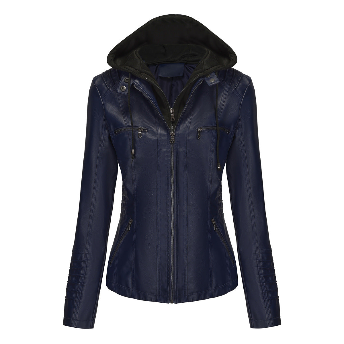 23 European And American Cross-border Hooded Leather Jacket Two-piece Set Removable Large Size Leather Jacket Women's Spring And Autumn Coat Women's PU Wash Leather