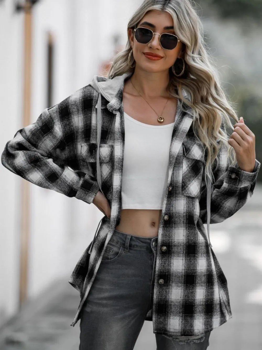 Chaqueta de cuadros con capucha, mangas largas y cordón ajustable Double Take