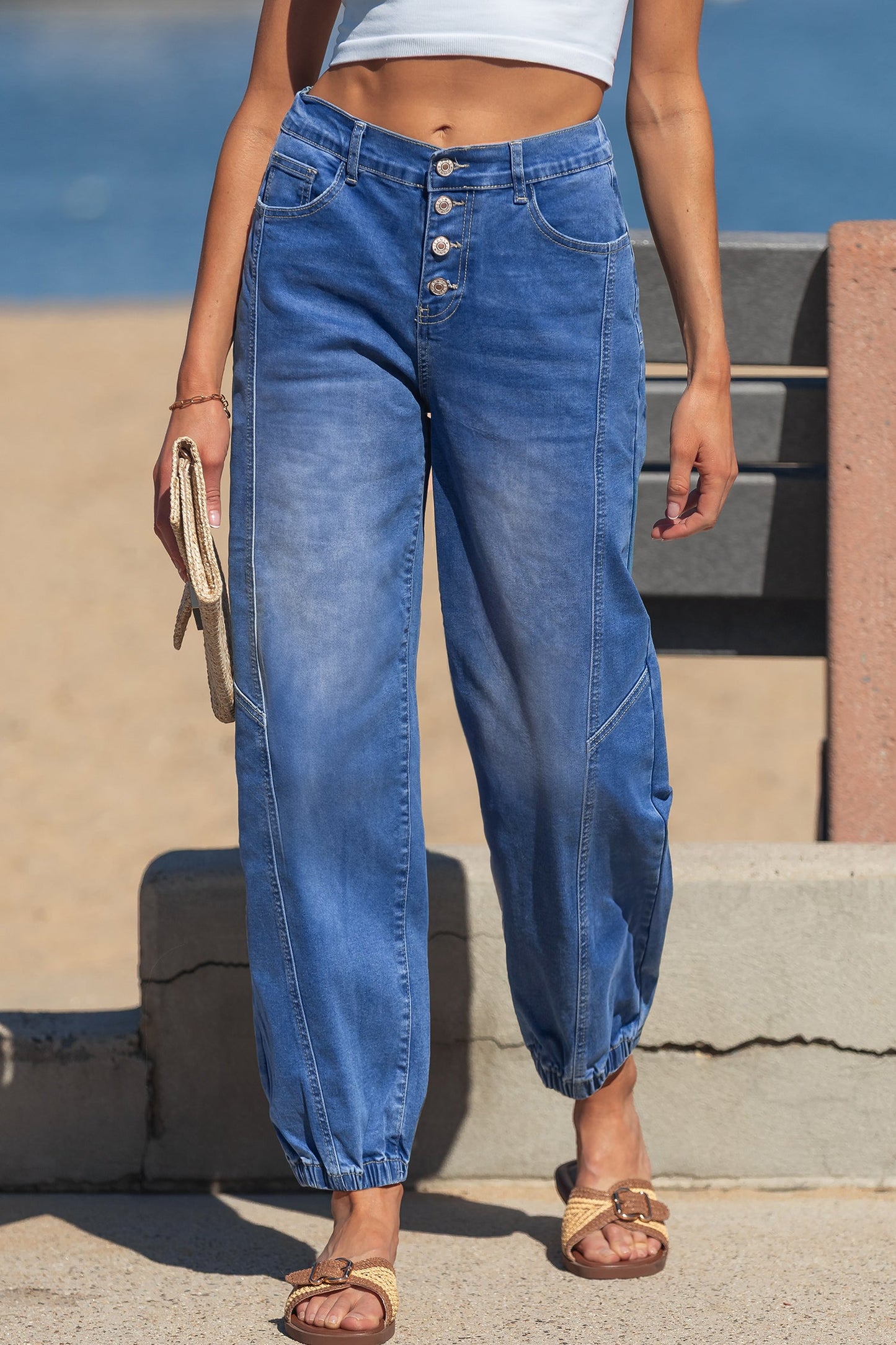 Jeans casuales de corte holgado cónico, azules, de 4 botones frontales