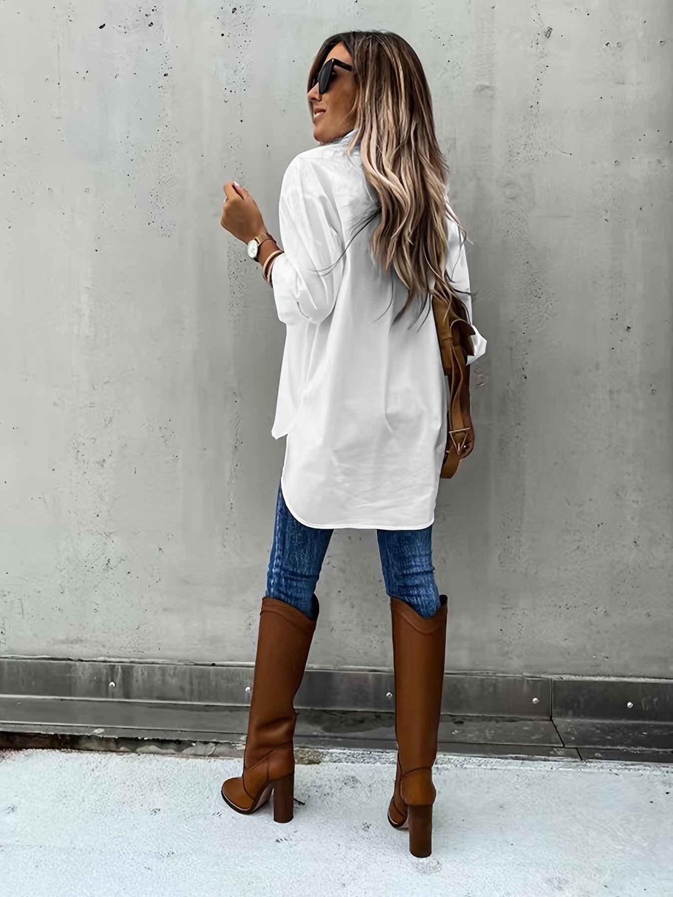 Camisa de manga larga informal para mujer con bolsillo