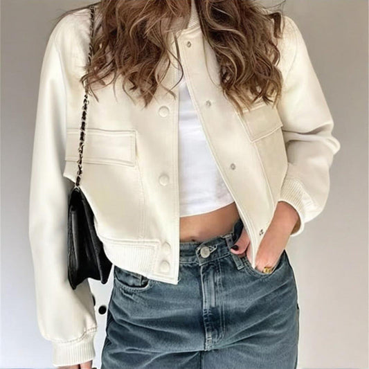 Chaqueta de béisbol de manga larga de color liso para mujer