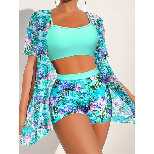 Traje de baño de tres piezas con bikini de talle alto y estampado adelgazante