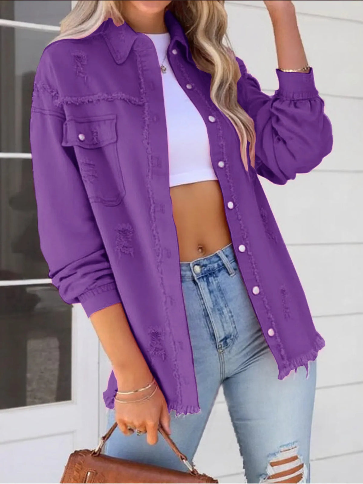Distressed Denim Jacket with Frayed Edges