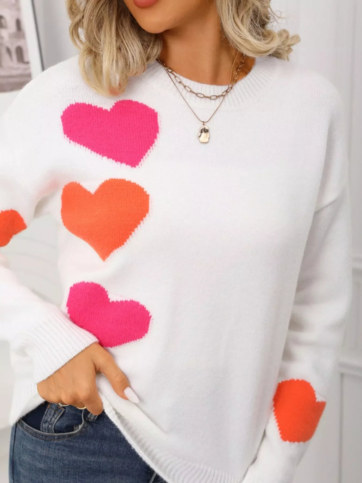 Valentine's Day Heart Pattern Round Neck Sweater