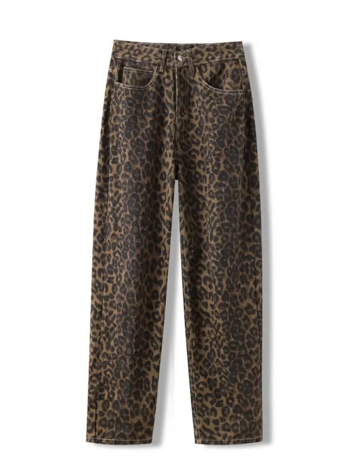Vintage Leopard Print Jeans Straight Loose Men And Women