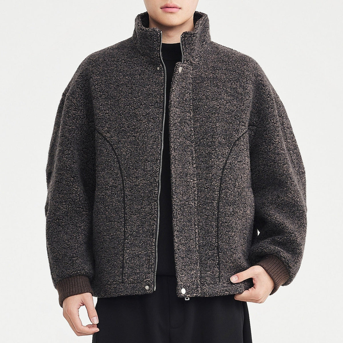Mens Mixed-Color Wool Circle-Weave Overcoat With A Stand-Up Collar