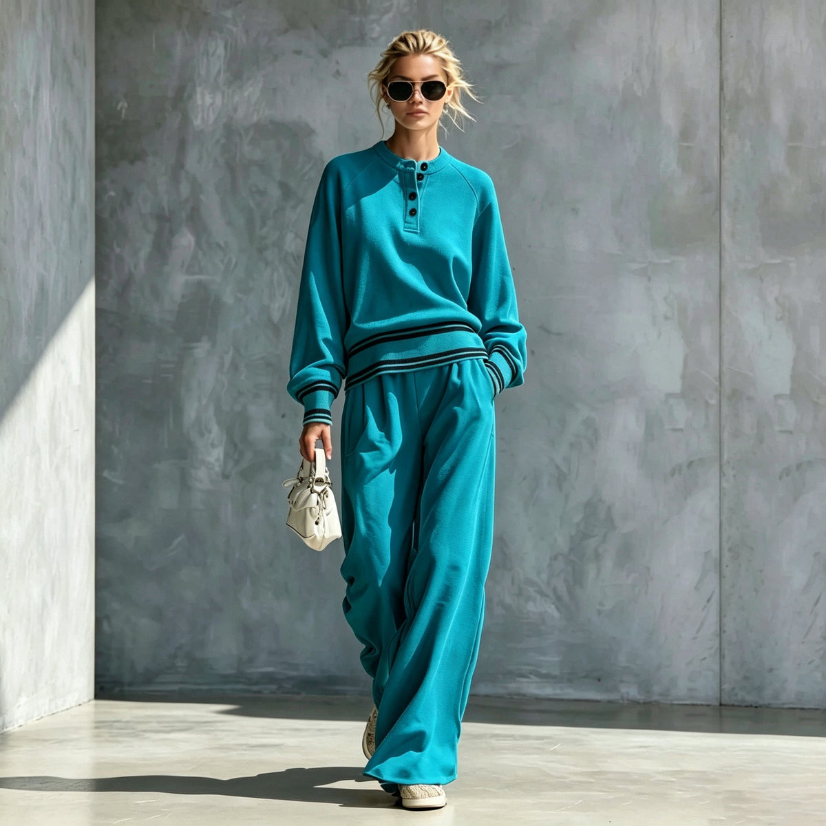 Women's Striped-Trim Henley Top & Wide-Leg Pants Set