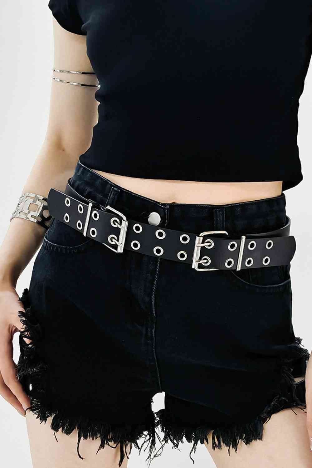 Stylish Chic PU Leather Two Row Eyelet Belt – Durable and Fashion-Forward Design See size chart under “more details”