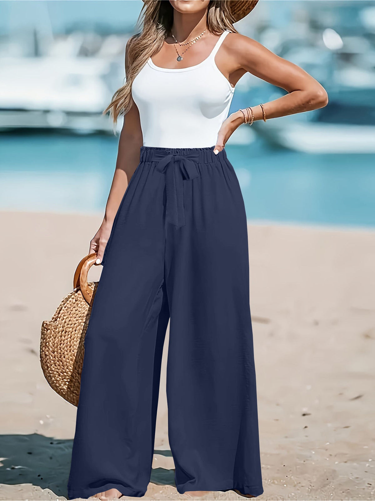 Full Size Drawstring Waist Wide Leg Pants Plus Size