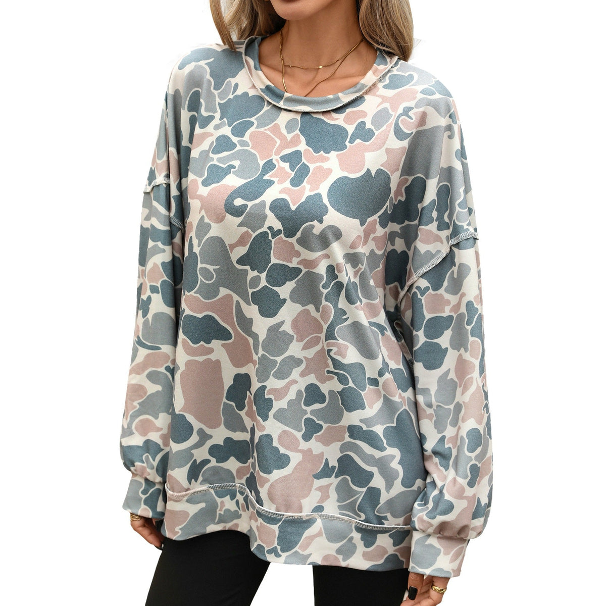 Women's Round-neck Long-sleeve Loose-fit Printed Sweatshirt Top