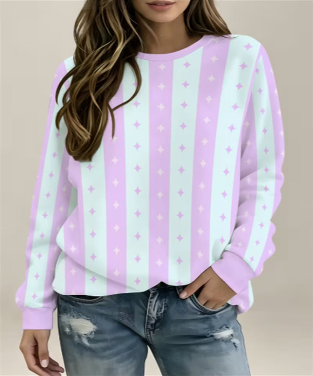 Women's Purple Mint Vertical Stripe & Star Print Crew Neck Sweatshirt, Long Sleeve Casual Pullover Top
