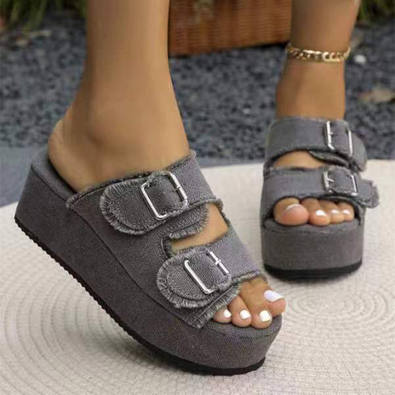 Women's Denim Buckle Platform Wedge Sandals
