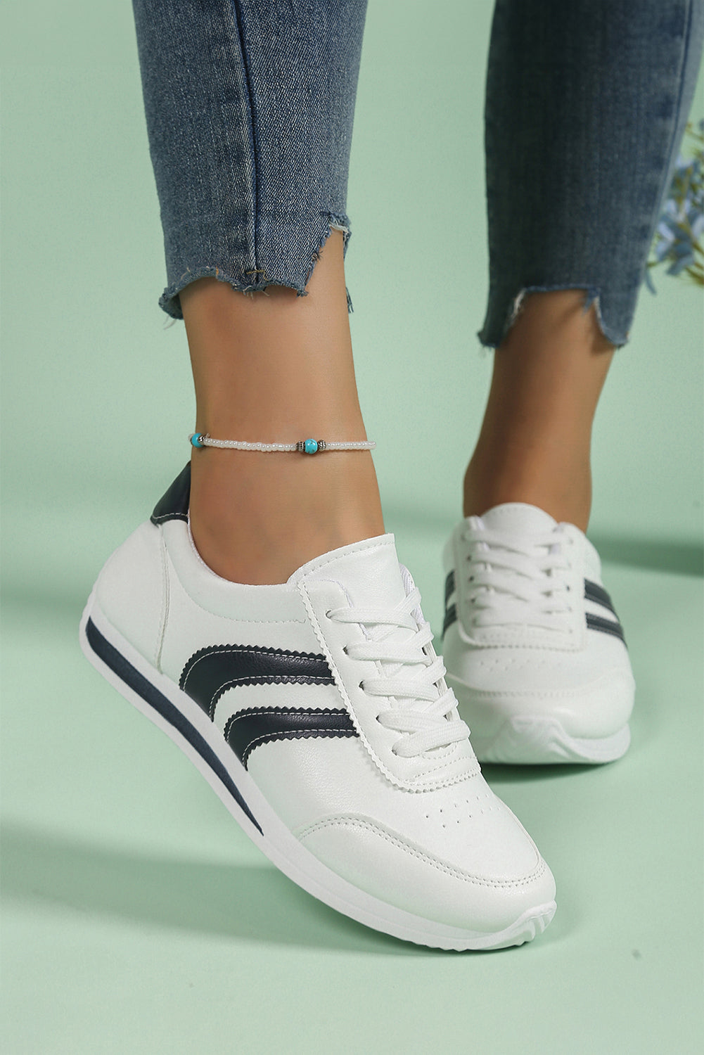 Zapatillas Deportivas Casuales de Cordones a Rayas de Cuero Sintético Blanco