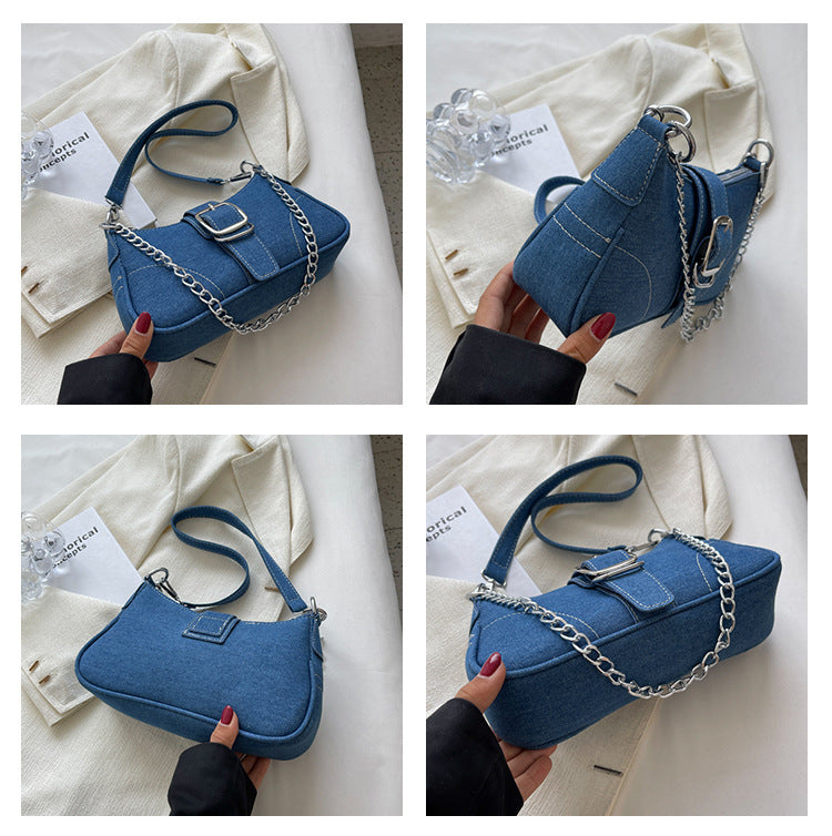 Women's Denim Crossbody Bag with Chain Detail
