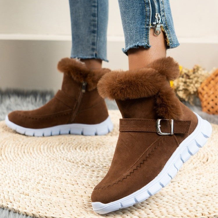 Botas de Nieve Nuevas Botines Gruesos Cálidos de Invierno de Color Sólido con Peluche y Diseño de Hebilla Zapatos Planos de Terciopelo para Mujer
