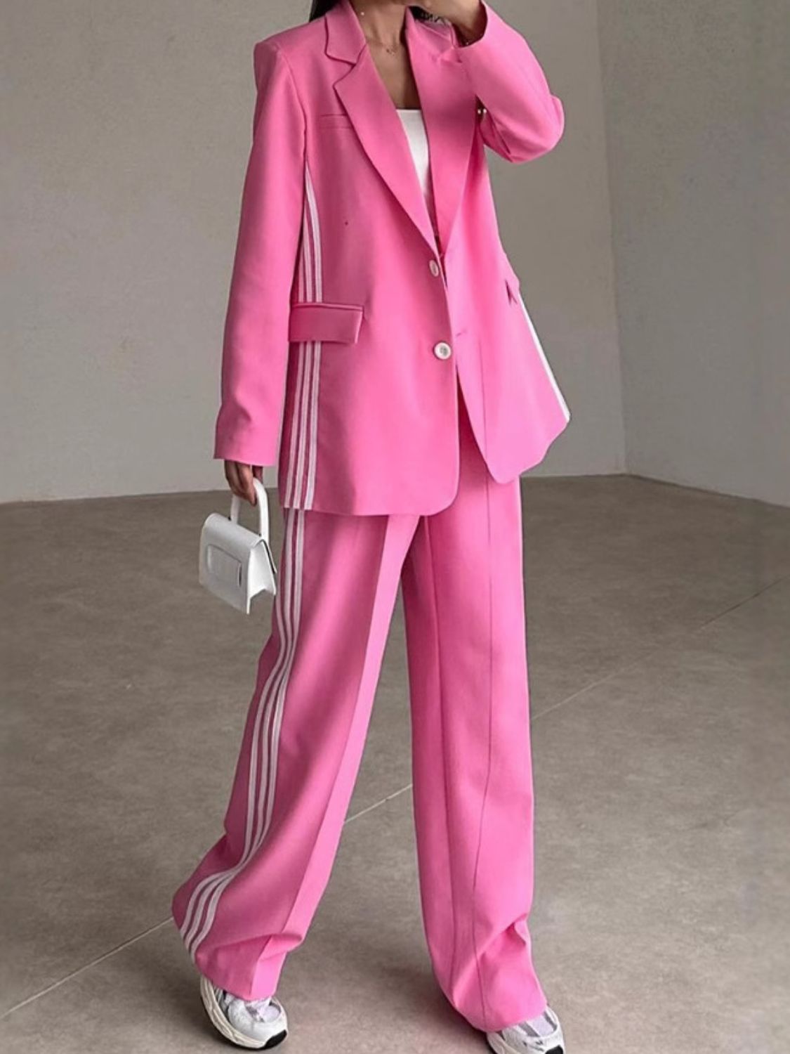 Conjunto de blazer de manga larga con rayas laterales y pantalón