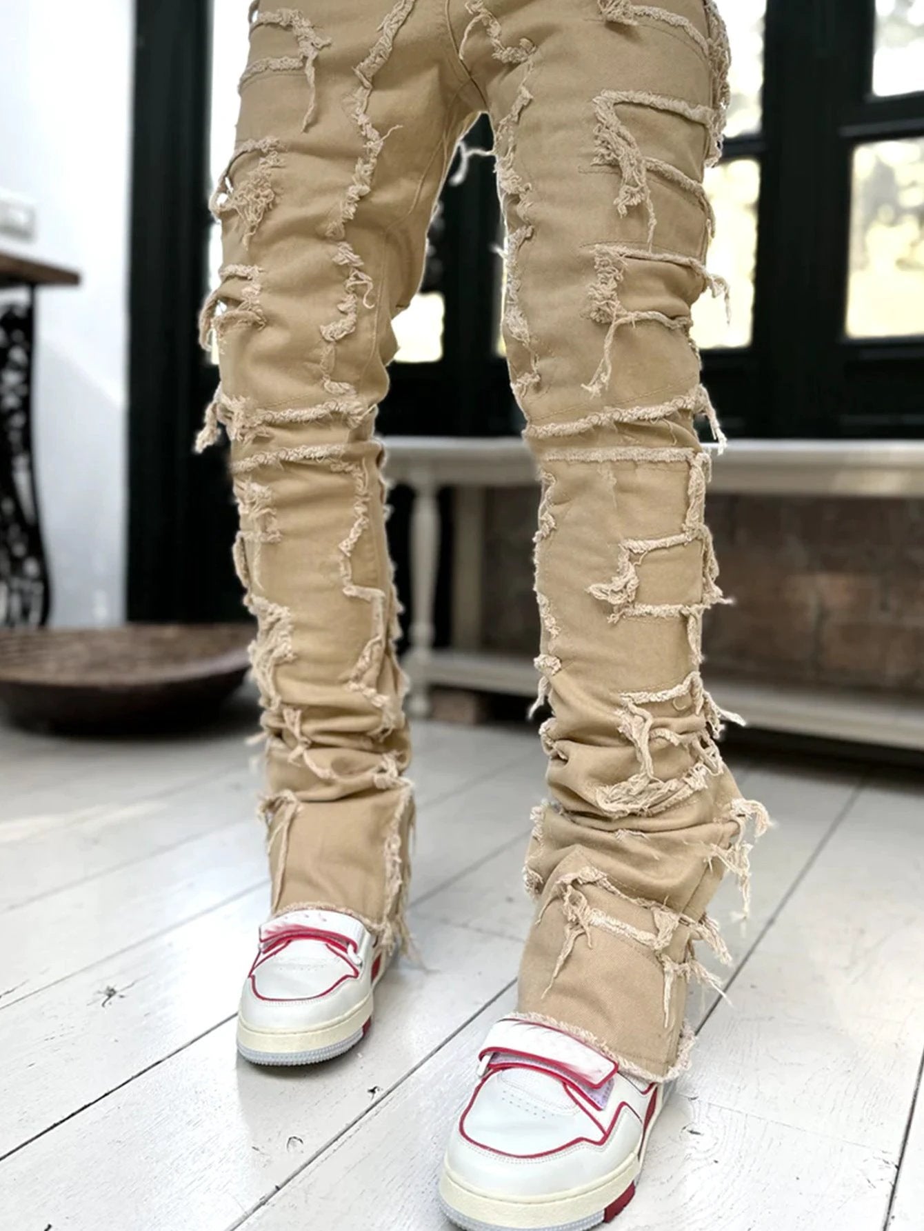 Men's Individual Patched Pants Long Tight Fit Stacked Jeans