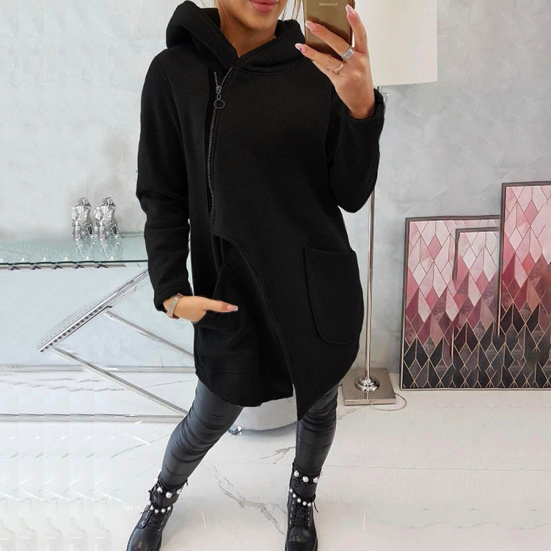 Half-high Neck Side-zip Hoodie With A Hood And Fleece-lined Pockets