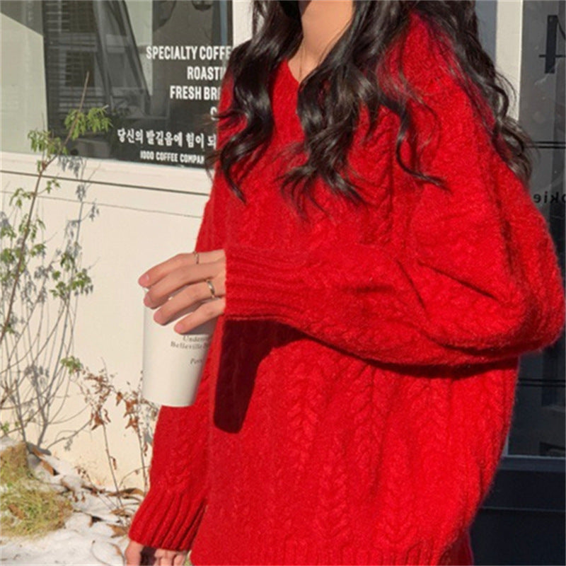 Korean-style Laid-back Knit Sweater Loose-fitting Cable-knit Thickened Top