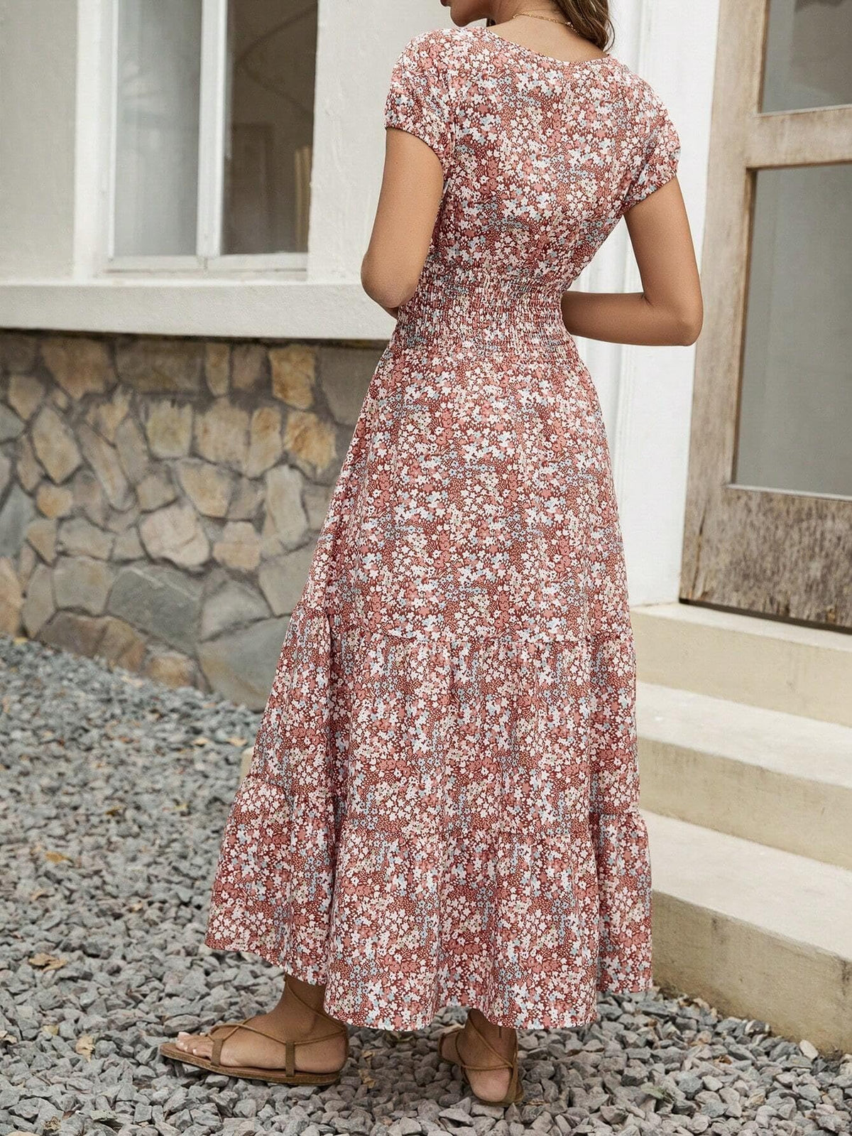 Dusty Pink Floral Boho Chic V-neck Midi Dress For Women