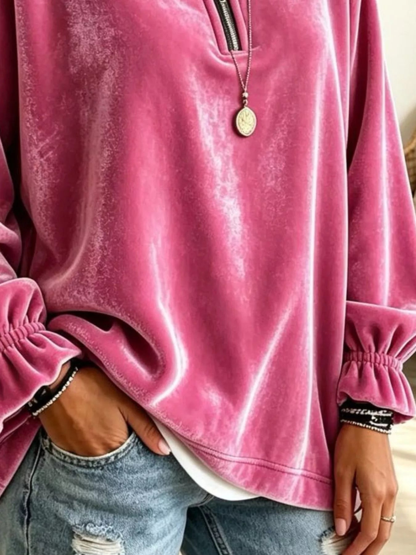 Velvet Quarter-Zip Sweatshirt with Ruffled Cuffs