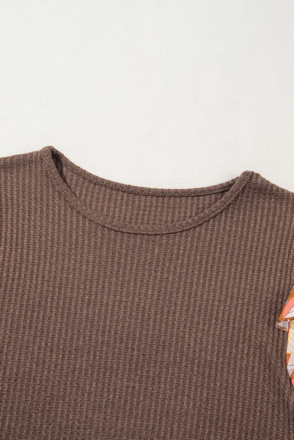 Love Salve Coffee Waffle Knit Blouse With Floral Patchwork