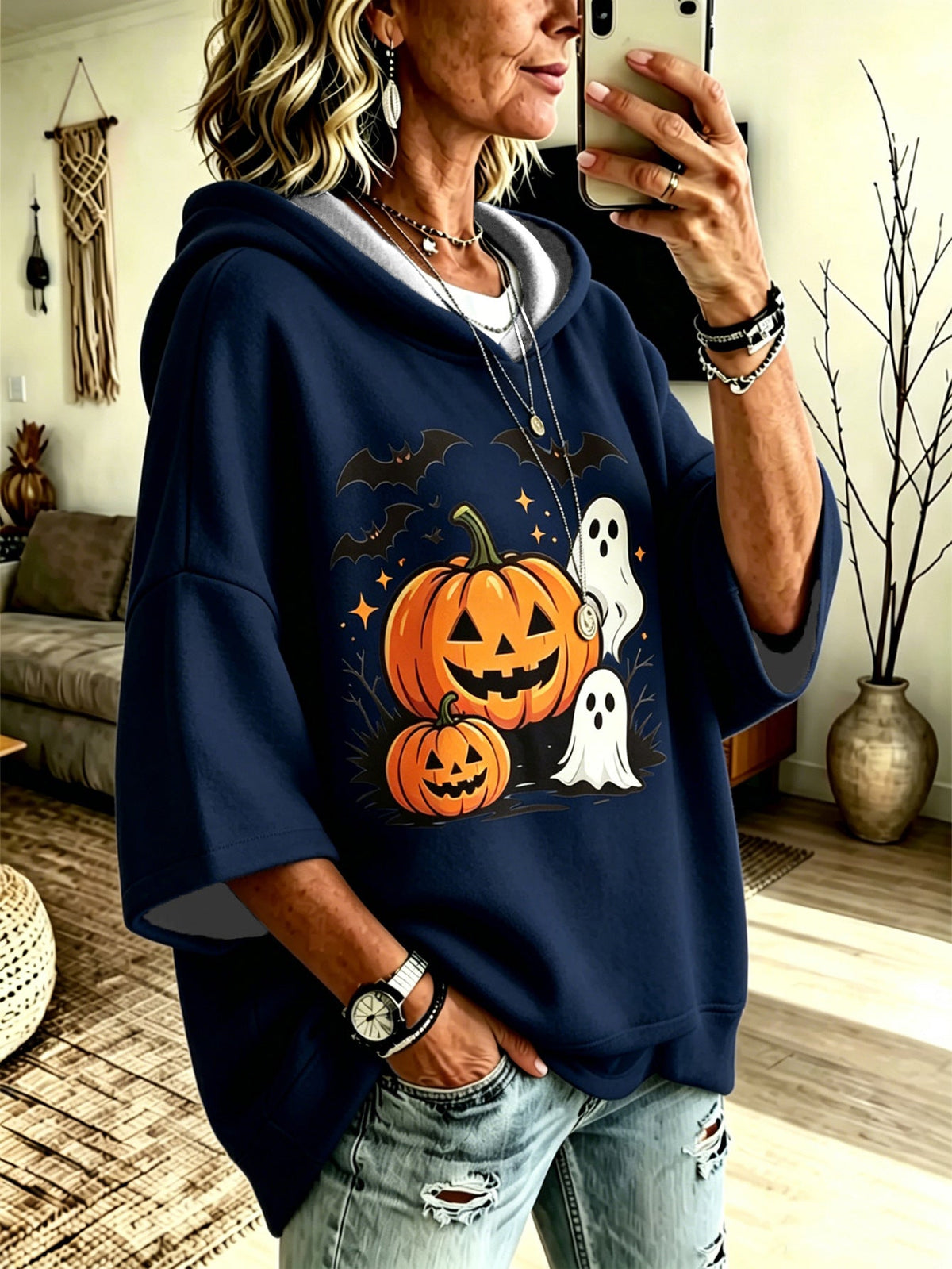 Digital-print Halloween Casual Loose-fit Hooded Sweatshirt
