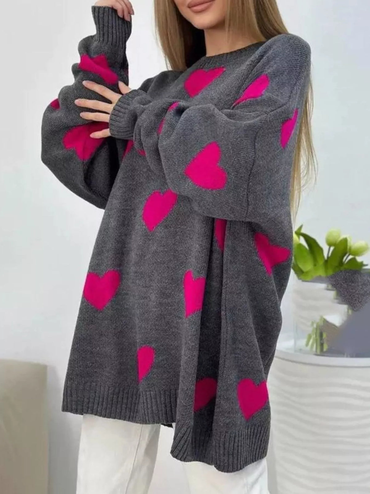 Heart Round Neck Oversized Knit Sweater