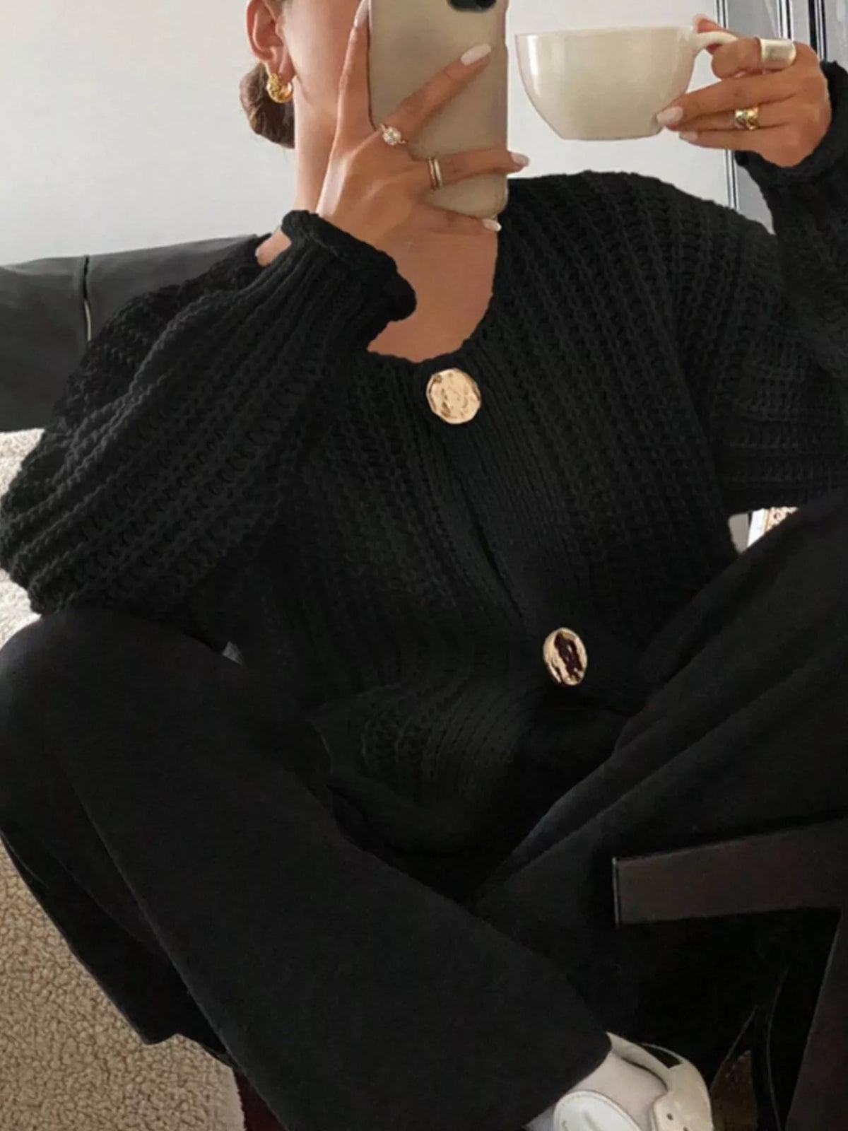 Button Up Dropped Shoulder Cardigan