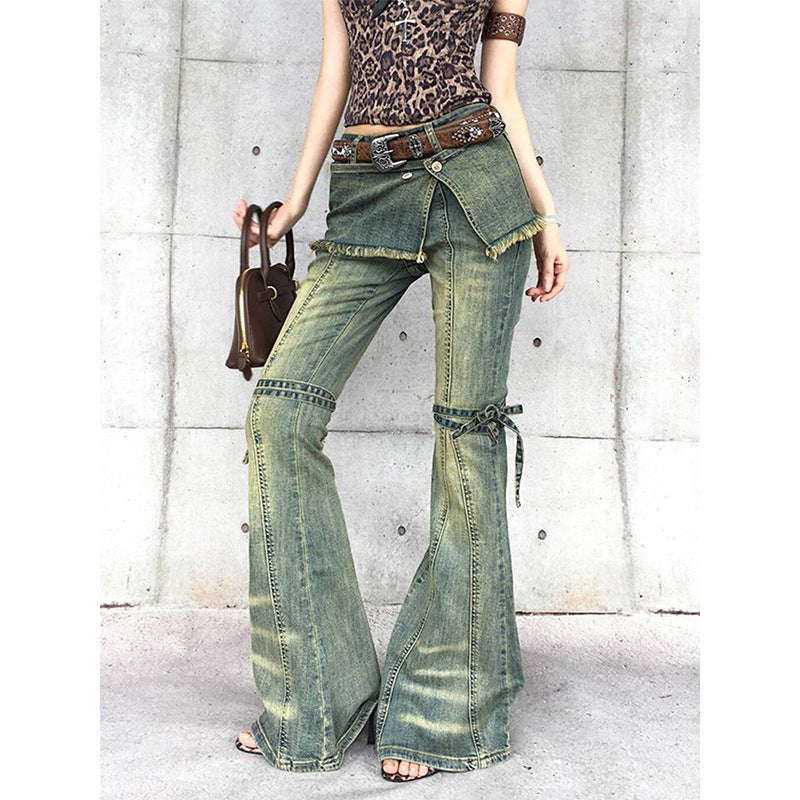Womens Distressed Lace-up Vintage-style American Denim Jeans