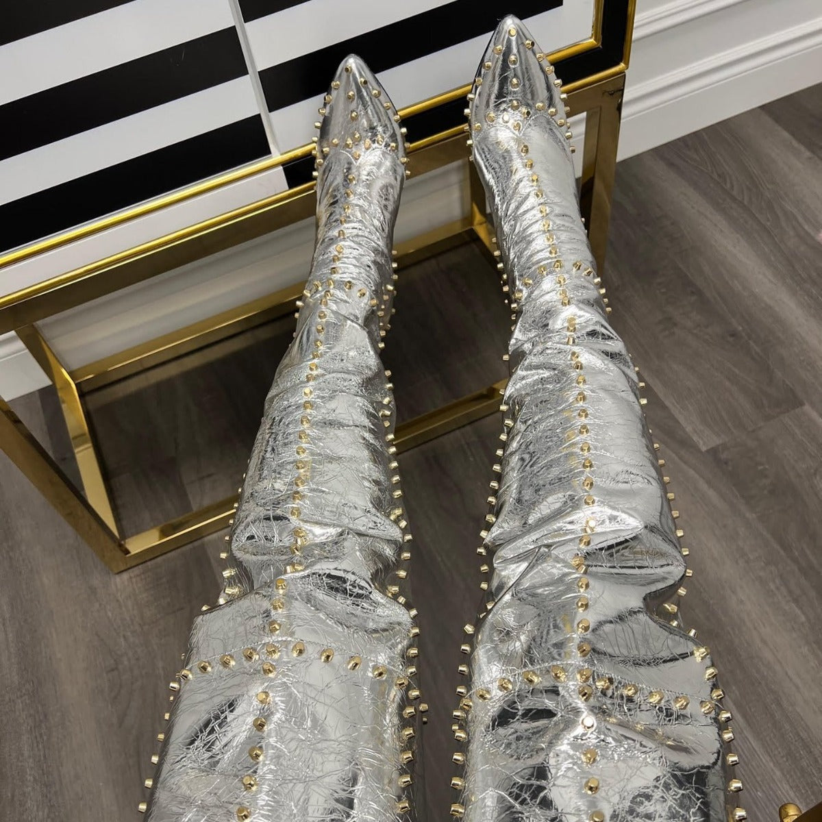 Explosive Sexy Gold-studded Stiletto-pointed Fashion Boots See size chart under “more details”