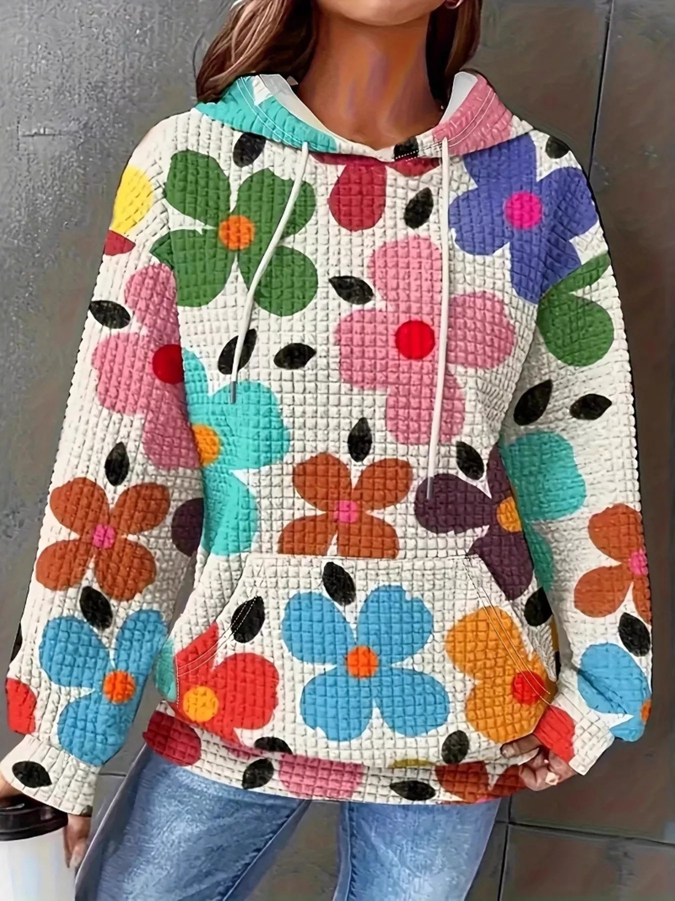 Sudadera con capucha y cordón con textura y estampado floral