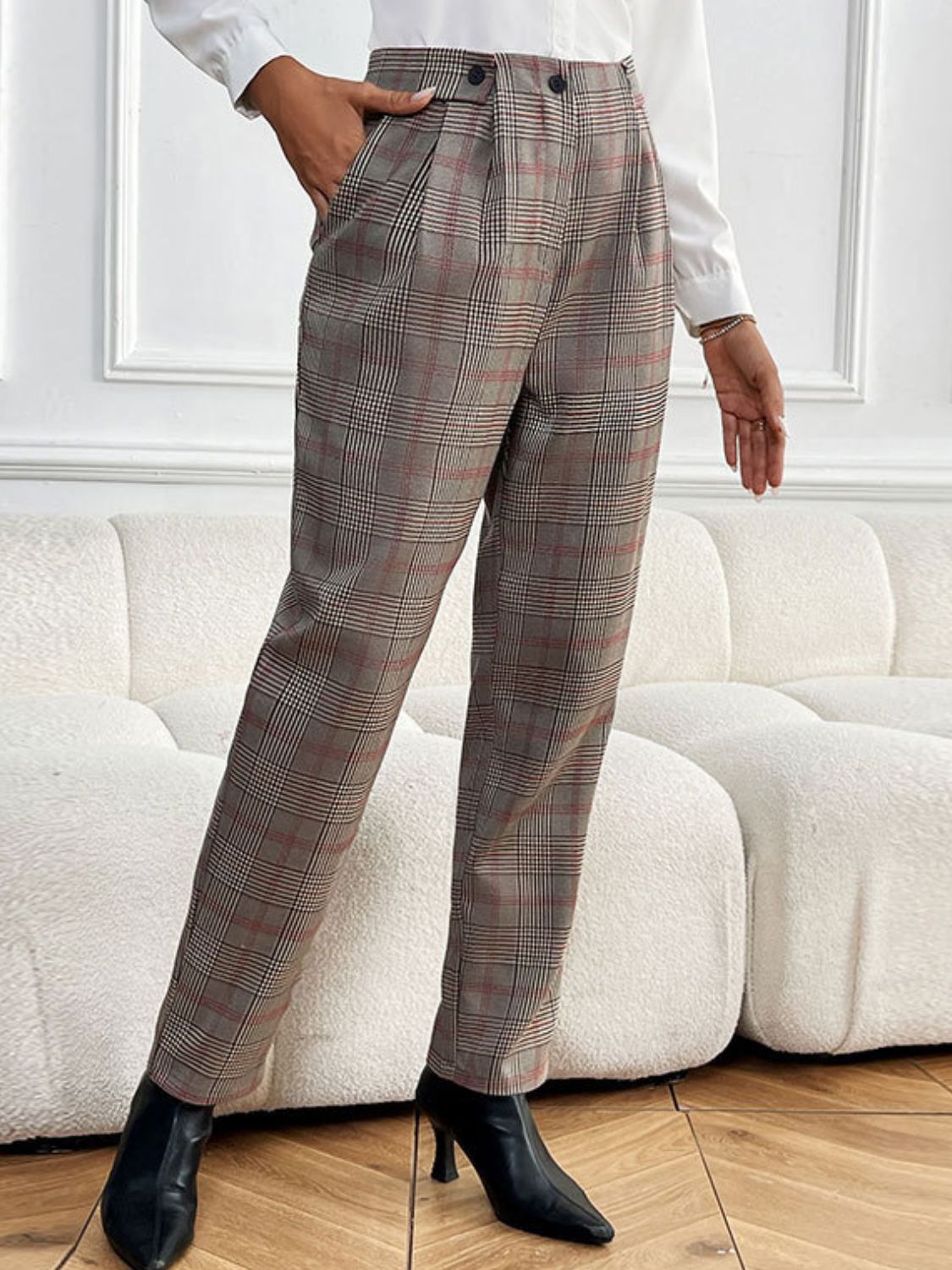 Pantalones Rectos Perfee de Cuadros con Bolsillos