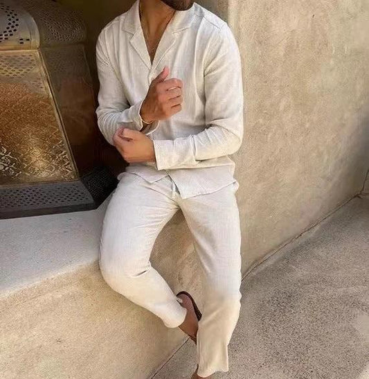 Trajes casuales de manga larga, moda, solapa, camisa de un solo botón y pantalones ajustados, ropa de hombre