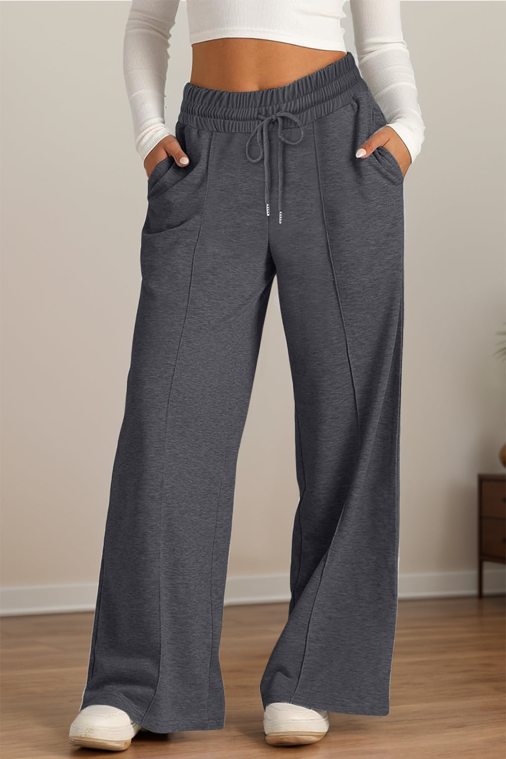 Pantalones de pernera ancha con cintura elástica y cordón ajustable