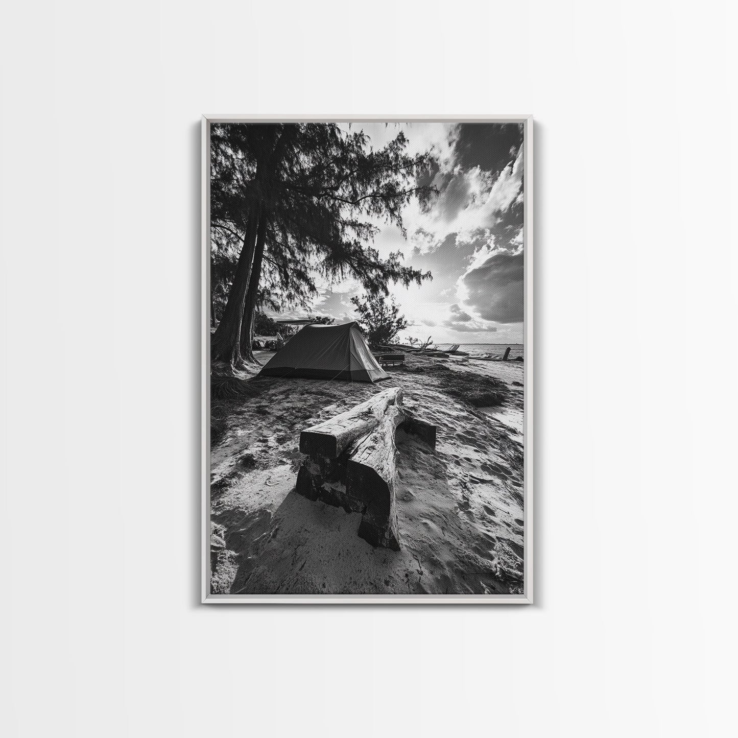 Tent, Beach, Sunset, Trees - Rustic camping coastal escape vibe, Framed Canvas Print, ideal bedroom or adventure nursery decor, outdoor art