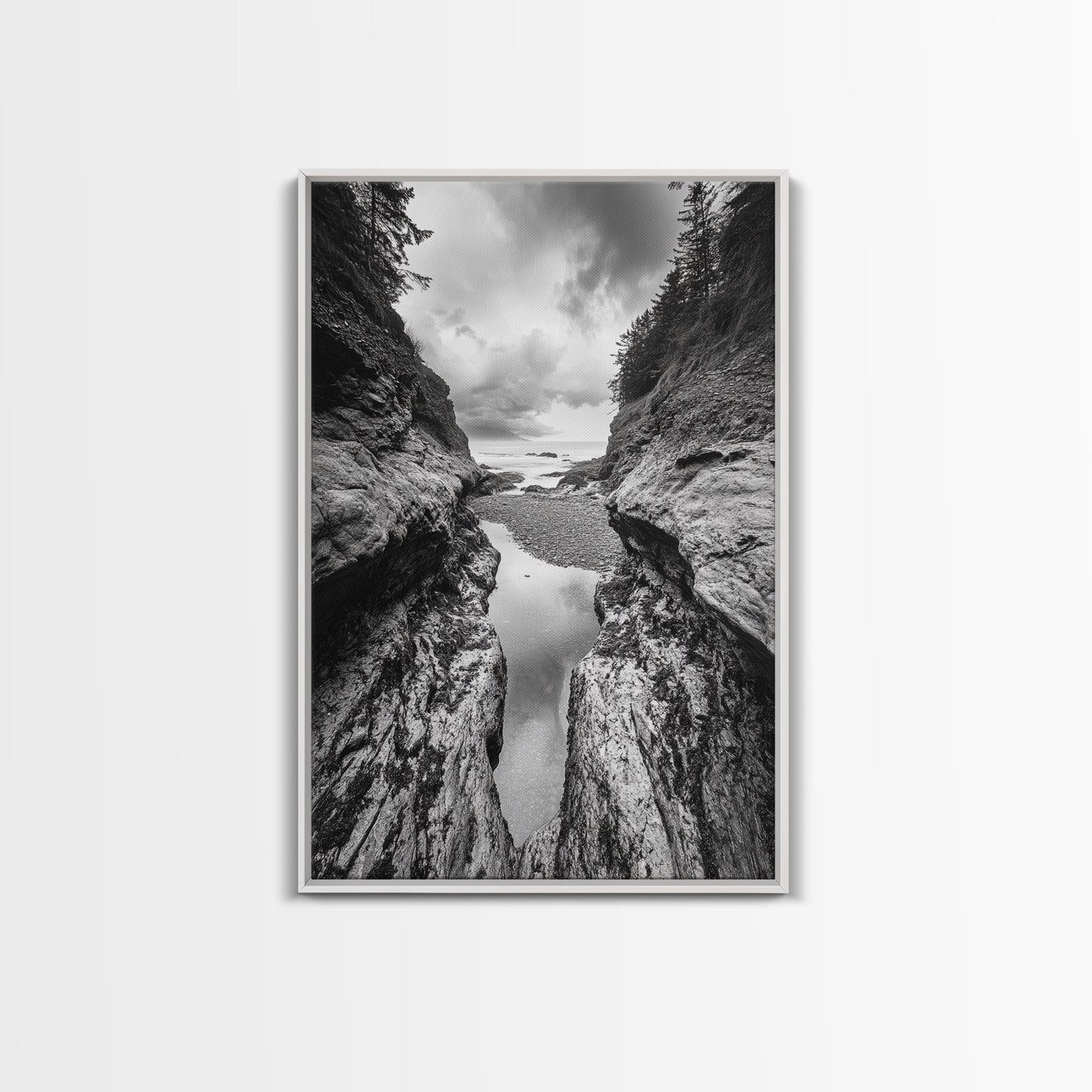 Ocean Ravine, Rugged Coastline, Pacific Wilderness, Stormy Seascape, Framed Canvas Print, Adventure Wall Art, Nature Home Decor