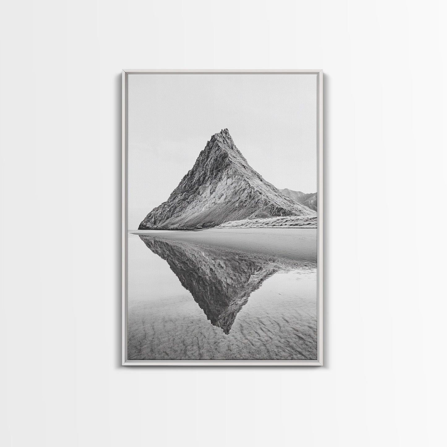 Mountain Mirror, Coastal Peak, Serene Beach, Canvas Print, Minimalist Landscape Art, Modern Living Room Wall Decor, Monochrome Nature Style