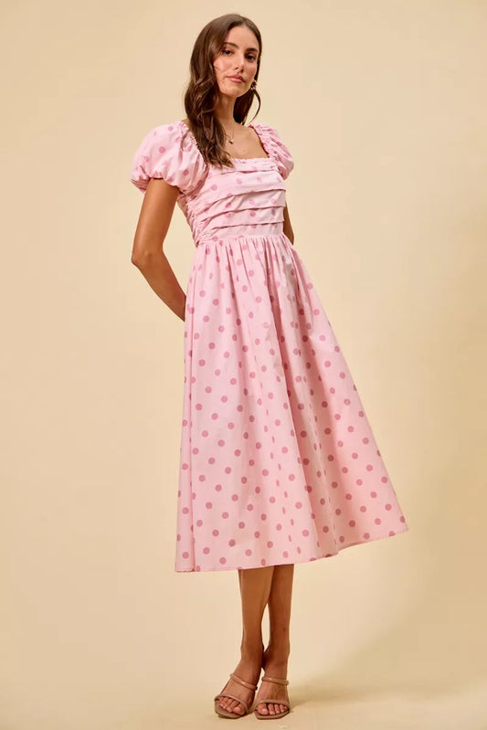 SO ME Polka Cotton Print Short Sleeves Midi Dress
