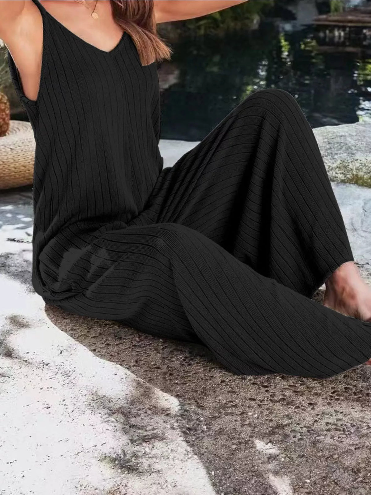 Ribbed V-Neck Wide Leg Jumpsuit