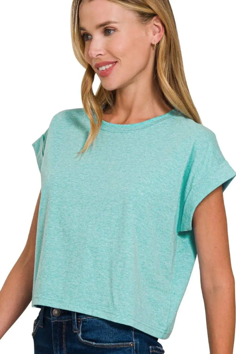 Women's Crop Top Tee Crop Top - Rolled Sleeve - Casual Basic Tee