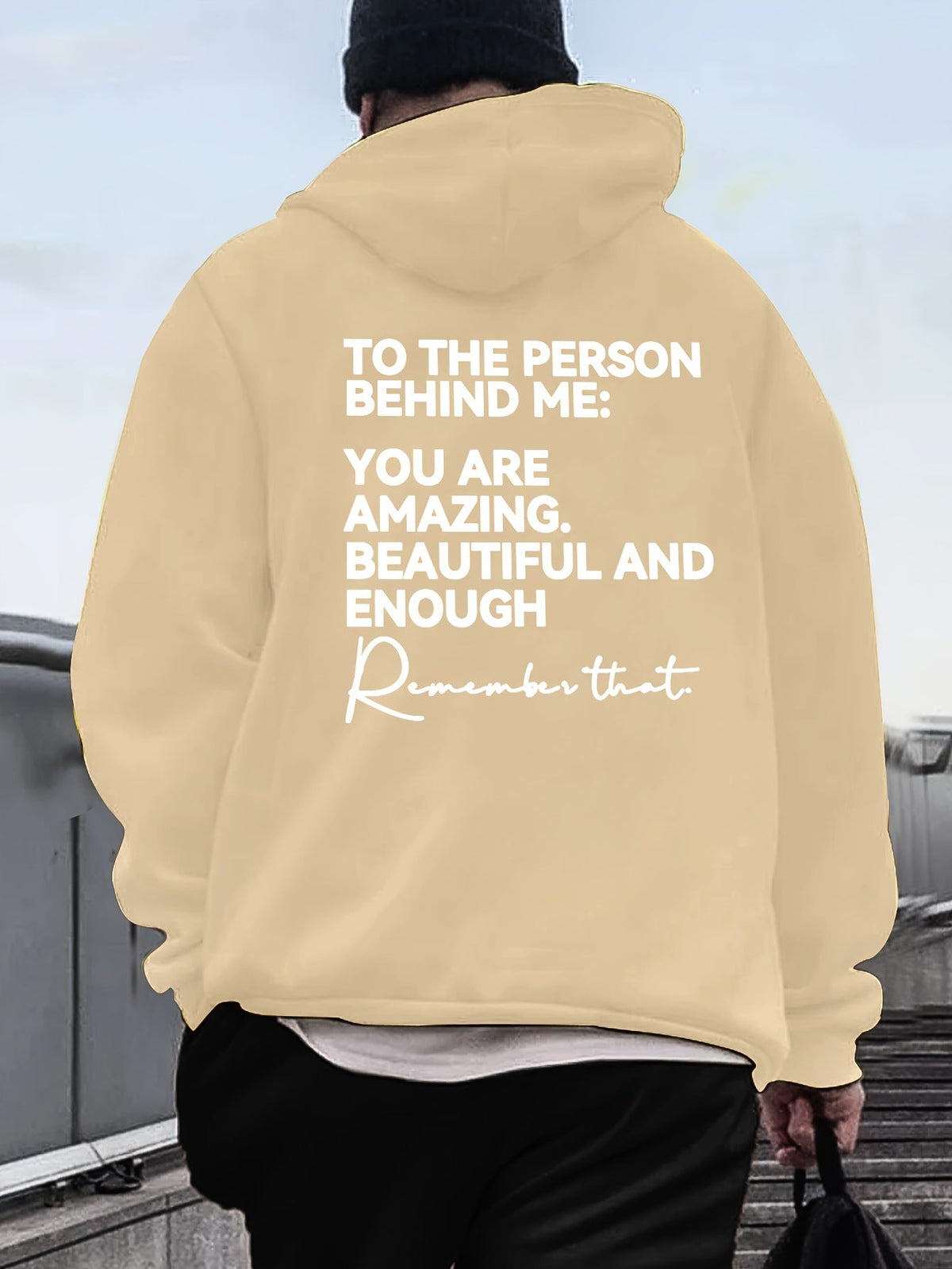 Loose-fit Drop-shoulder Hooded Sweatshirt With English Print On The Back