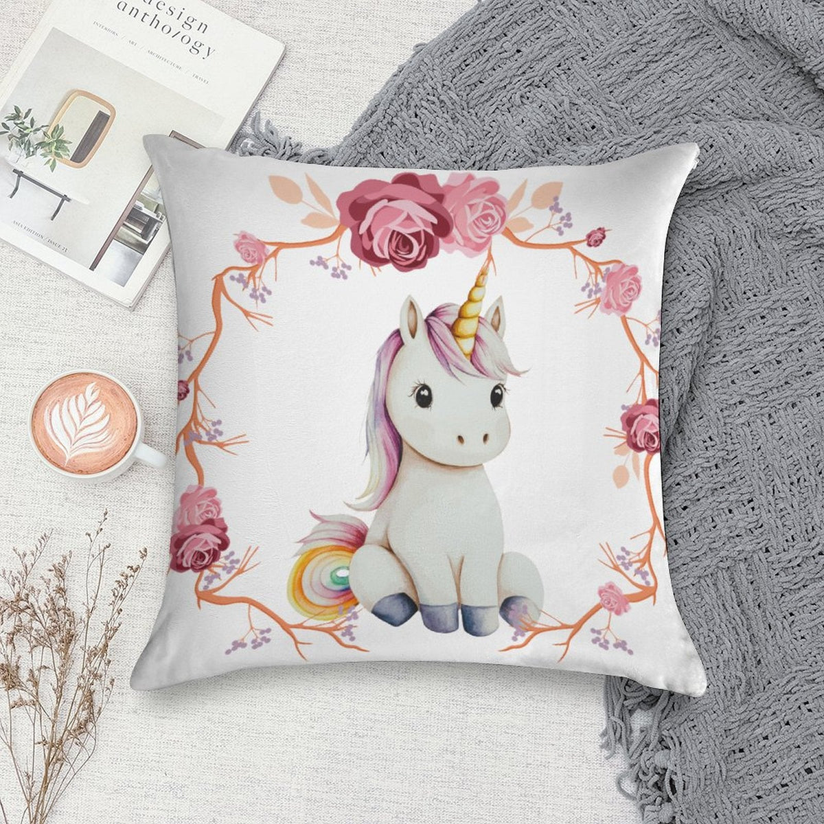 Baby Unicorn with Pink Roses 2-Piece Ultra-Soft Pillowcase Set - 18" × 18"