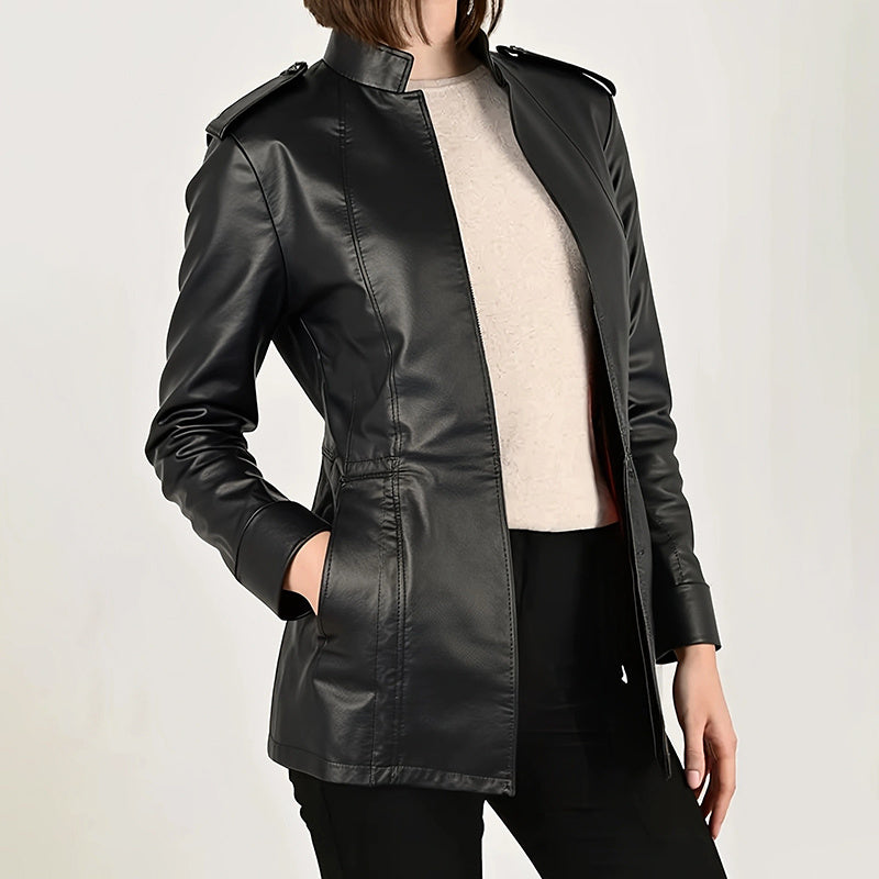 Chaqueta de PU estilo vintage - Abrigo de cuero tipo cárdigan abierto de largo medio con bolsillos