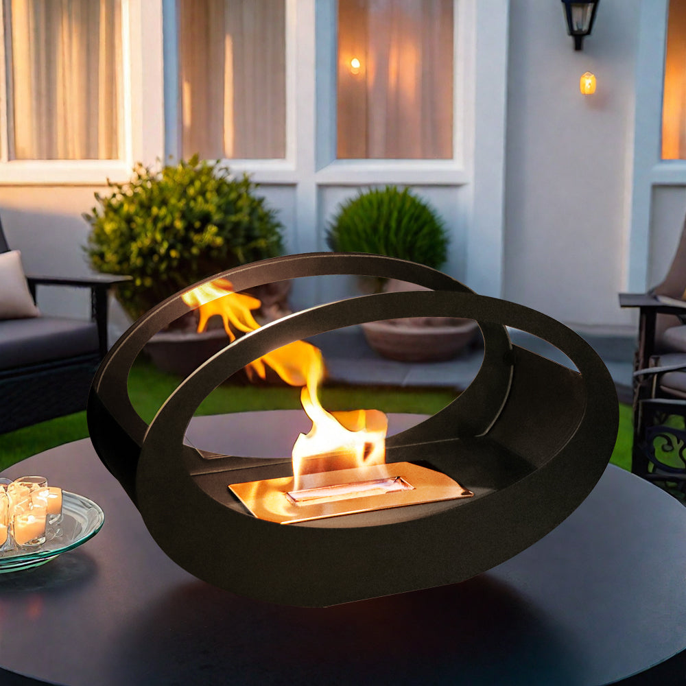 16x9.5 Inch Black Metal Tabletop Fireplace | Double Sided Oval Bio-Ethanol Fire Bowl for Indoor/Outdoor
