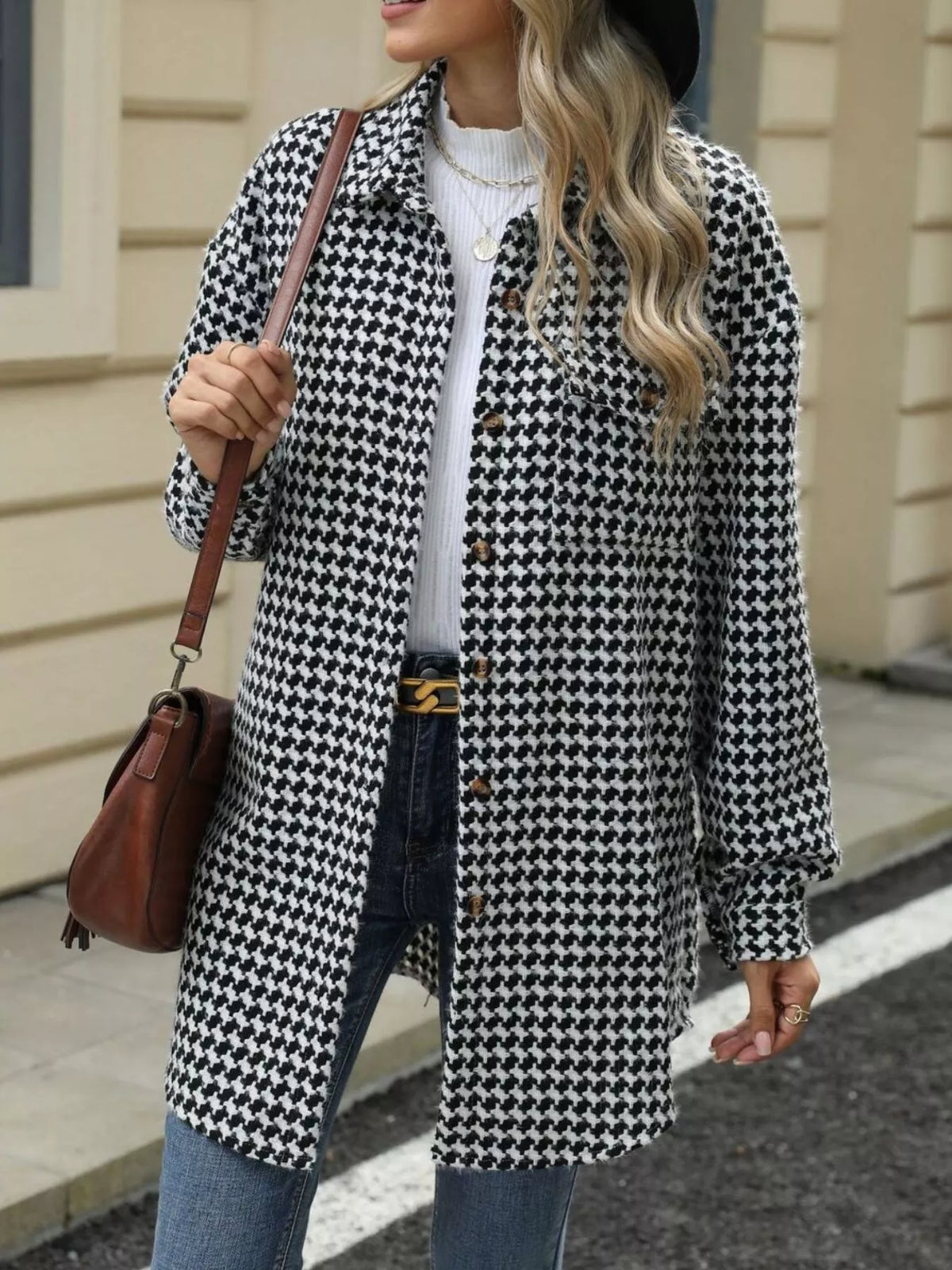 Houndstooth Button Up Long Sleeve Coat