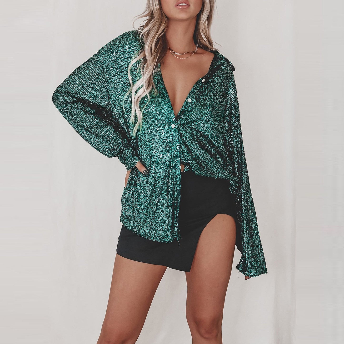 Sequin Lapel Long Sleeve Shirt See size chart under “more details”