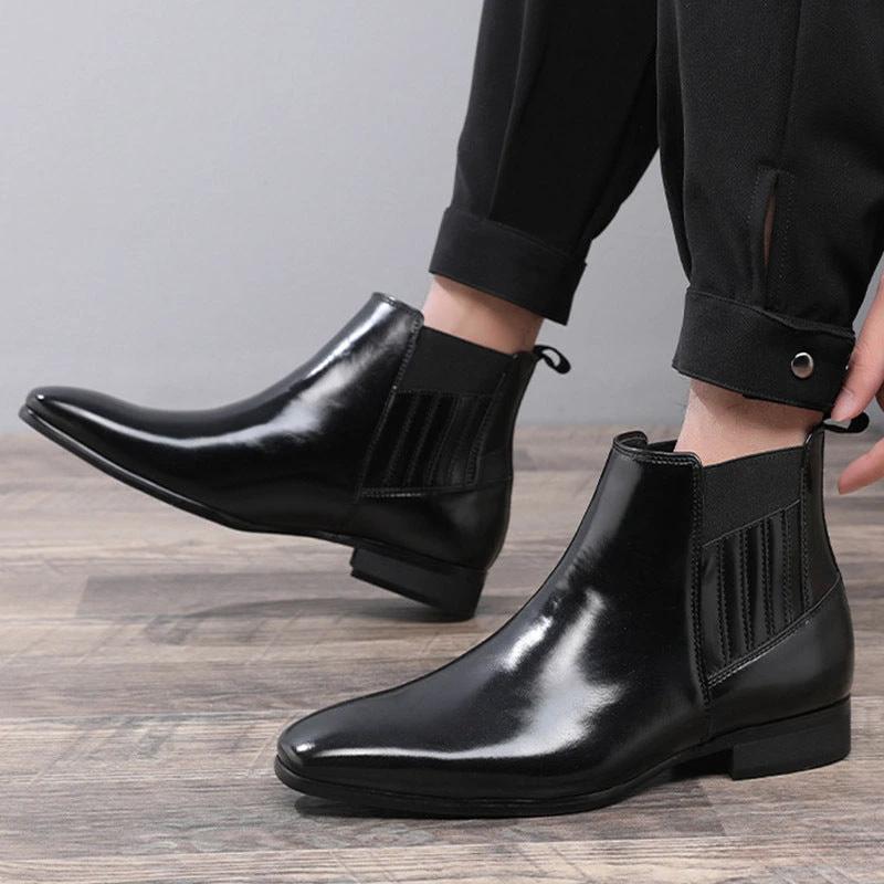 Men's Pointed Toe Chelsea-style Boots Square Heel Business Formal Leather Shoes