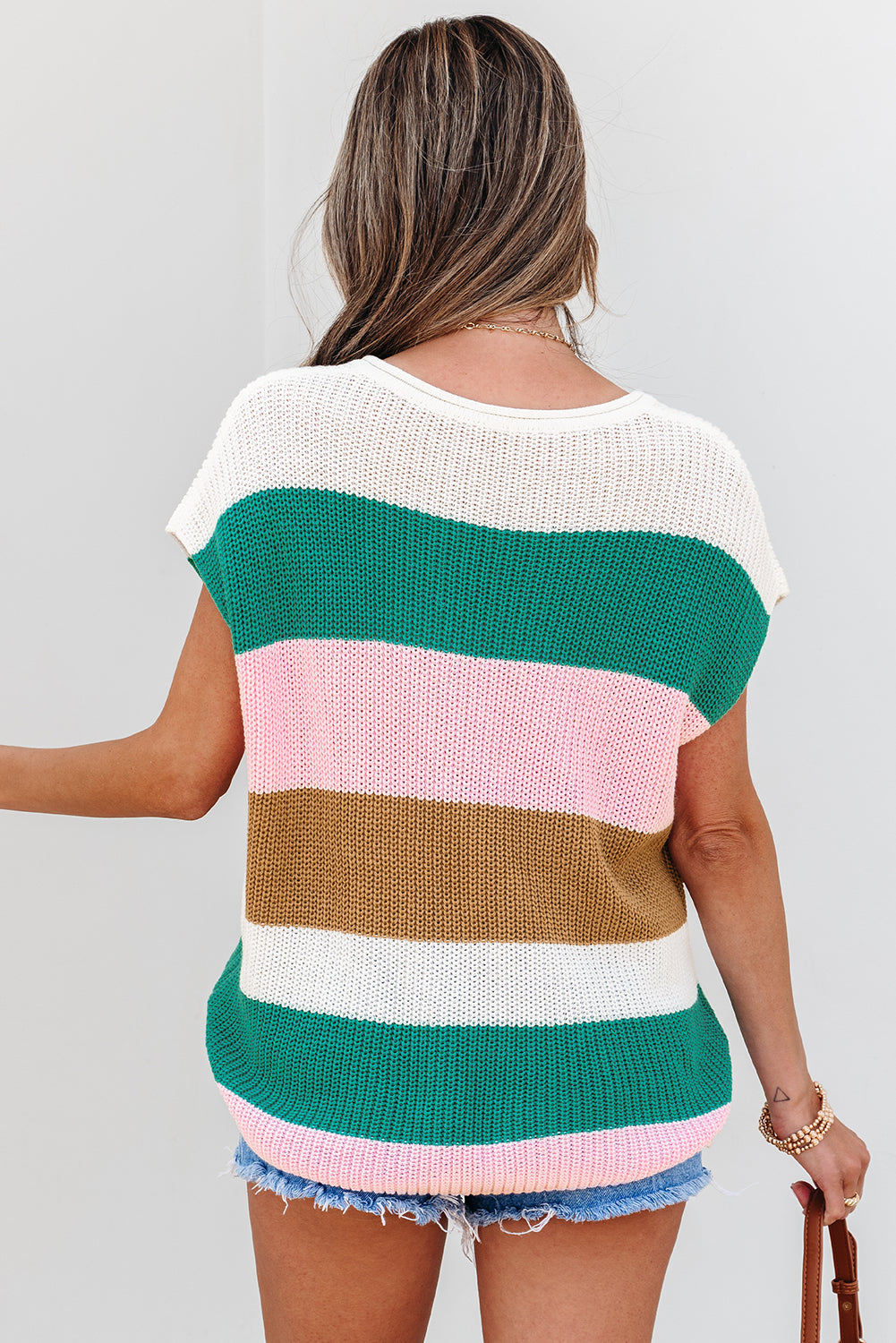 Camiseta de punto con cuello de pico y bloques de color multicolor