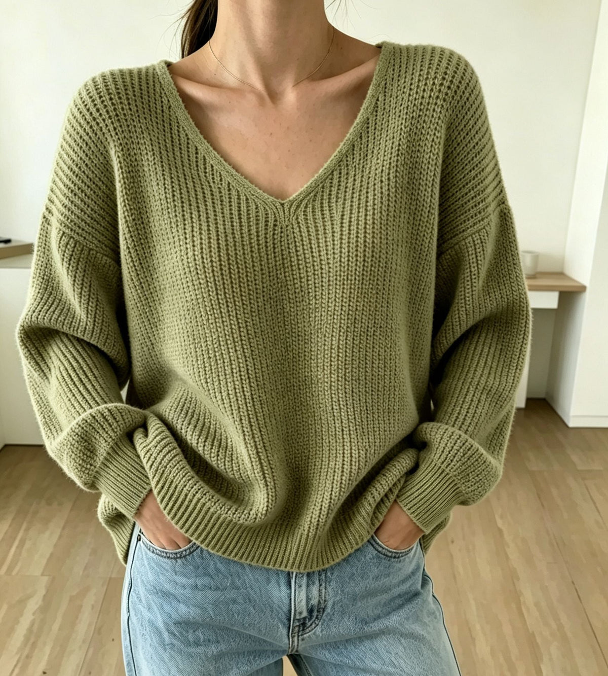 Thickened Long-sleeved Loose-fit V-neck Pullover Sweater For Women